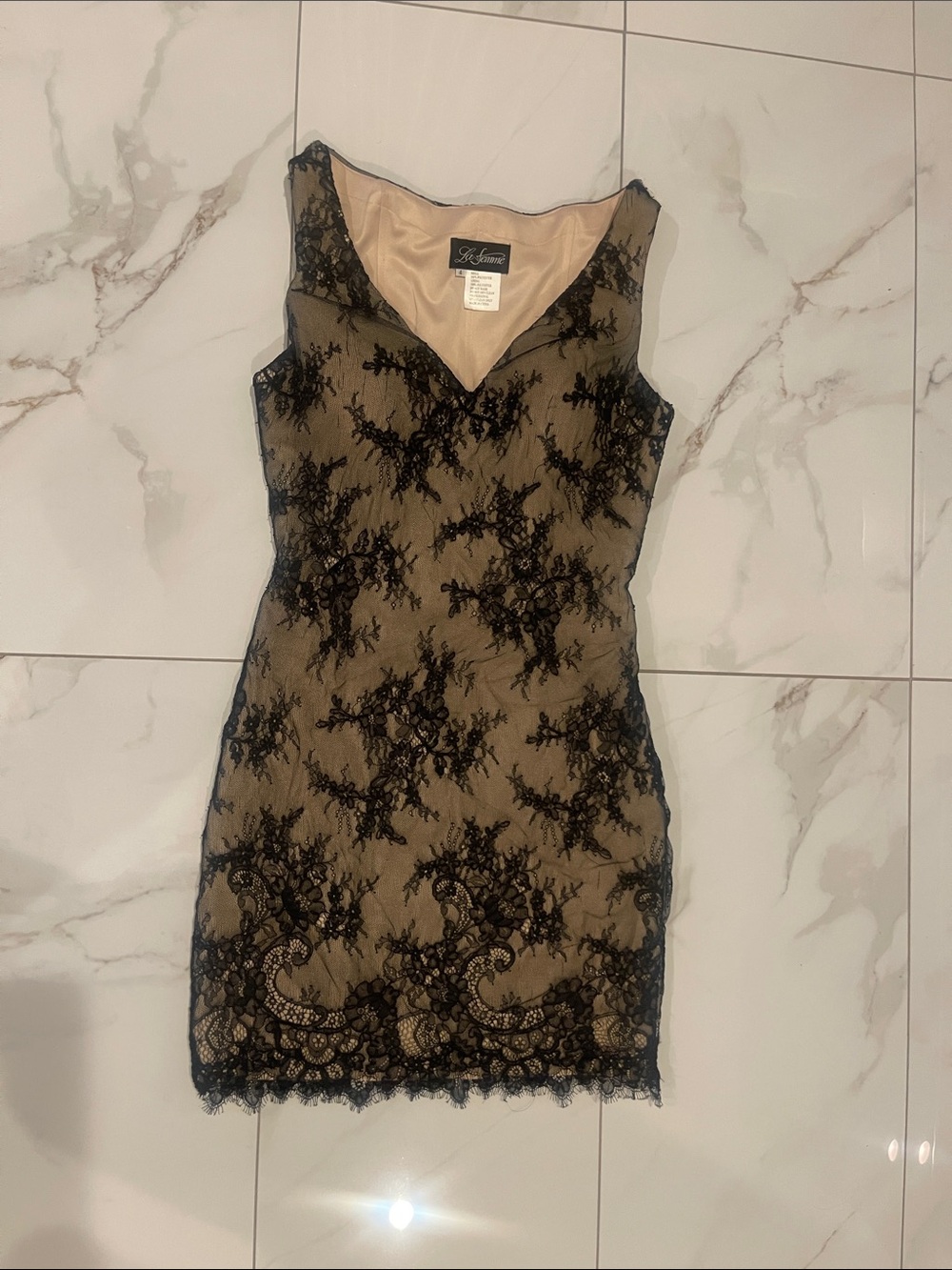 St. John Black Lace Over Nude Mini Dress